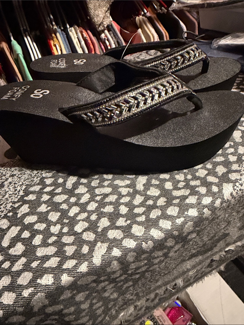 SO Black Platform Wedge Flip-Flops with Silver Beaded Straps